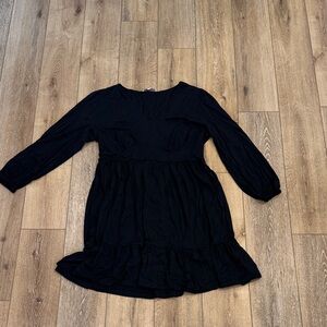 LOFT Black Long-Sleeve Ruffled Hem Dress
